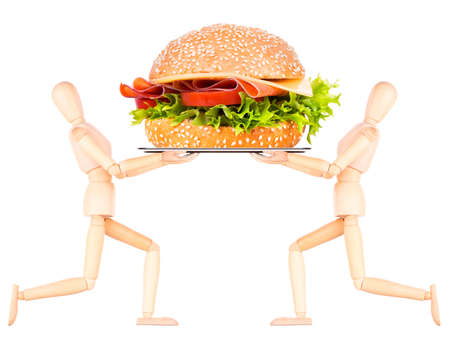 wooden Dummy with tasty sandwich isolated on whiteの写真素材