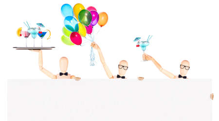 wooden Dummy businessman with with empty banner  Isolated Over White Backgroundの写真素材