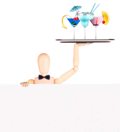 wooden Dummy businessman with banner and cocktal making toast  Isolatedの写真素材