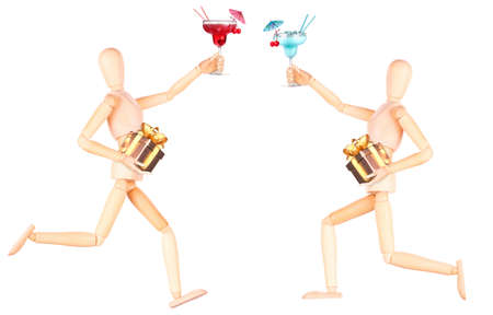 wooden Dummy with alcohol cocktail and gift Isolated Over White Backgroundの写真素材