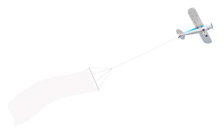 Single engine plane flying with blank banner isolated on a white backgroundの写真素材