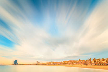 Barceloneta Beach in Barcelona at sunriseの写真素材