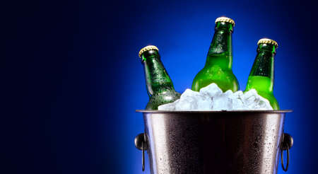 Beer bottles in ice bucketの写真素材