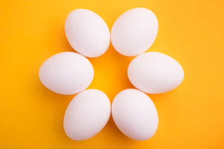 White eggs on a yellow backgroundの写真素材