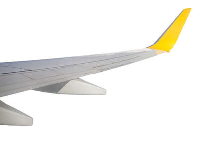 Airplane wing travel concept isolated on white background.