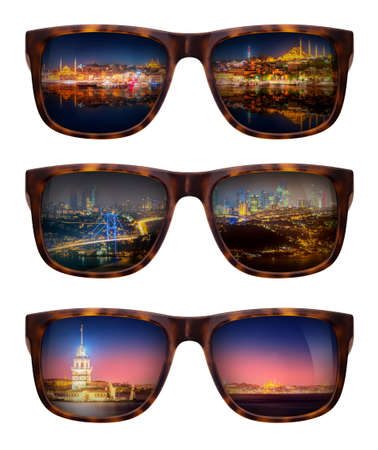 Trendy sunglasses with a reflection of a beautiful panorama of Istanbul isolated on white