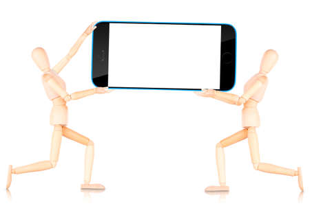 Concept of tablet computer with empty screen and little man isolated on white background