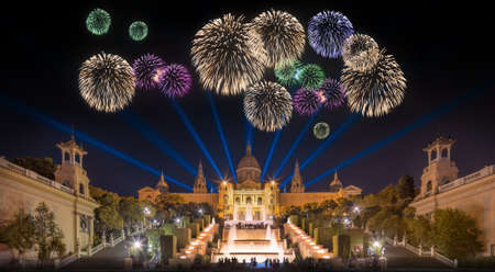 Beautiful fireworks under Magic Fountain light show in Barcelona, Spainの写真素材