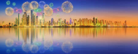The beauty panorama of skyscrapers in Dubai Marina with fireworks. UAEの写真素材