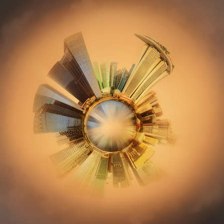 Miniature Earth Planet with all important buildings and attractions of the city, Nature and city around, planet globe with environment elements around, house, cityscape and ocean, Singaporeの写真素材