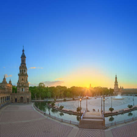 View of Spain Square (Plaza de Espana) on sunset, landmark in Renaissance Revival style, Seville, Andalusia, Spain.の写真素材