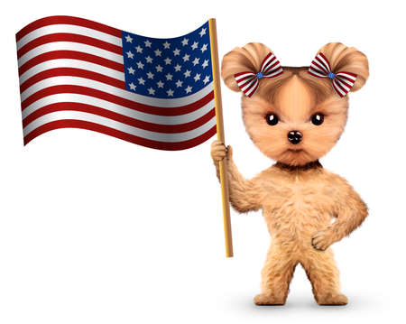 Funny dog holding USA flag. Concept of 4th of Julyの写真素材