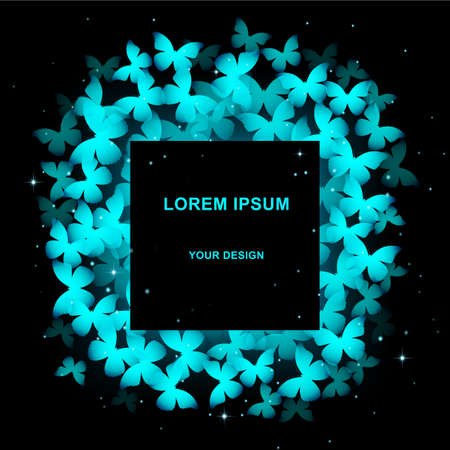 Banner with neon butterflies on black background.のイラスト素材