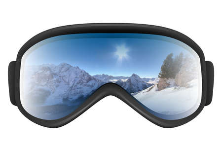 Ski goggles with reflection of mountainsの写真素材