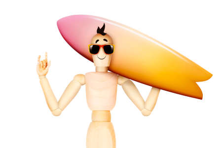 Funny character surfer holding surf . Summer holidays, travel vacation concept. Realistic 3D illustration.の写真素材