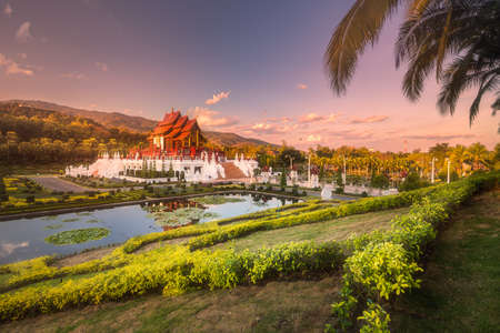 Royal Flora Ratchaphruek Park and pavilion at sunset Chiang Mai, Thailandの写真素材