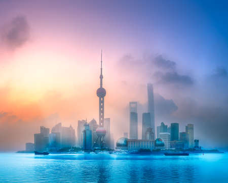 Sunrise view of Shanghai skyline with sunshineの写真素材