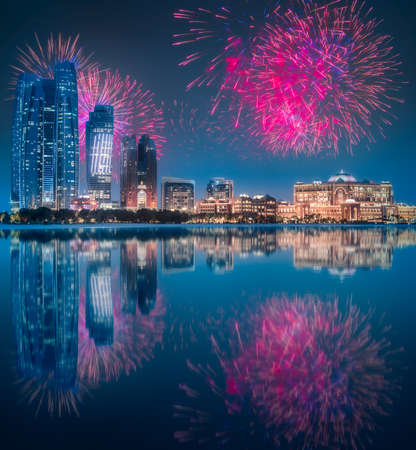 Beautiful fireworks above Abu Dhabi Skyline at night, UAEの写真素材