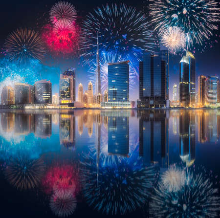 Beautiful fireworks above Dubai Business bay, UAEの写真素材