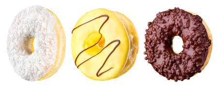 Set of glazed donuts with sprinkles on a white backgroundの写真素材