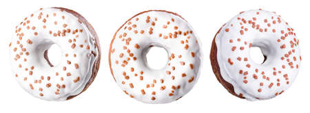 Set of glazed donuts with sprinkles on a white background with reflection.の写真素材