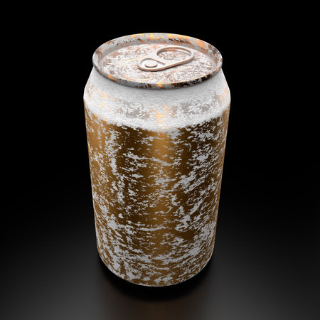 Gold frozen aluminum beer or soda can with frost isolated on black background.の写真素材