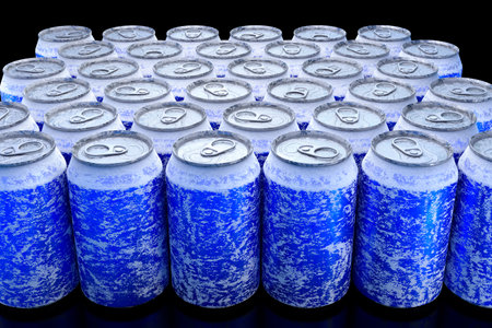 Group of frozen blue aluminum energy drink cans from above close up full frame. 3D rendering mockup of alcohol drink can.の写真素材