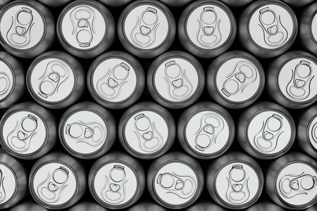Group of silver recyclable aluminum energy drink cans from above close up full frame. 3D rendering mockup of alcohol drink can.の写真素材