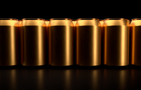 Group of gold aluminum energy drink cans in a row front view. 3D rendering mockup of alcohol drink can.の写真素材