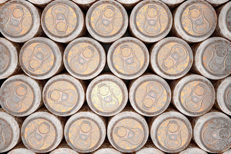 Group of frozen gold aluminum energy drink cans from above close up full frame. 3D rendering mockup...