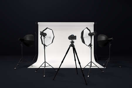 3D rendering photography photo studio with professional lighting equipment and copy space on...
