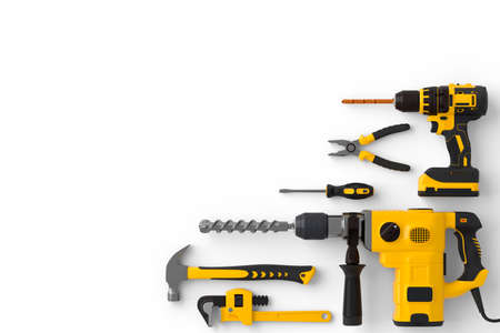 Set of construction tools for repair and installation on white background. 3d rendering and...