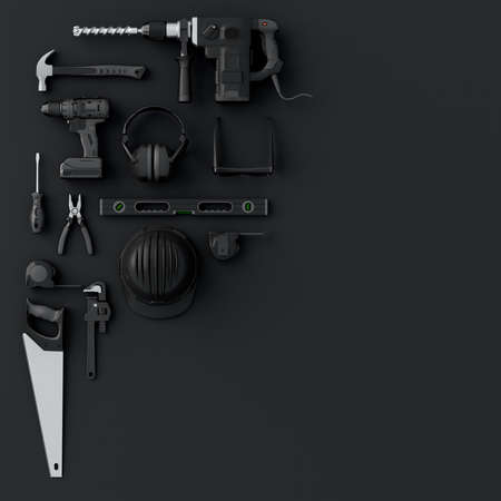 Top view of monochrome construction tools for repair and installation on blackの写真素材