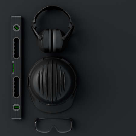 Top view of monochrome construction tools for repair and installation on blackの写真素材