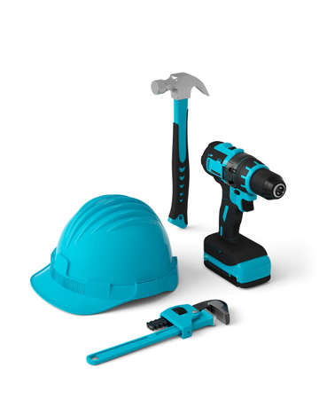 Isometric view of green construction tools for repair on whiteの写真素材