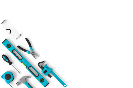 Top view of green construction tools for repair and installation on white