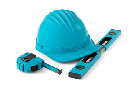 Isometric view of green construction tools for repair on white