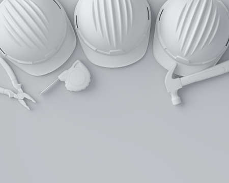 Top view of monochrome construction tools for repair and installation on whiteの写真素材