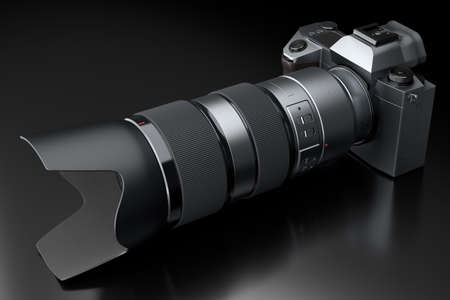 Concept of nonexistent DSLR camera with lens isolated on a black background.