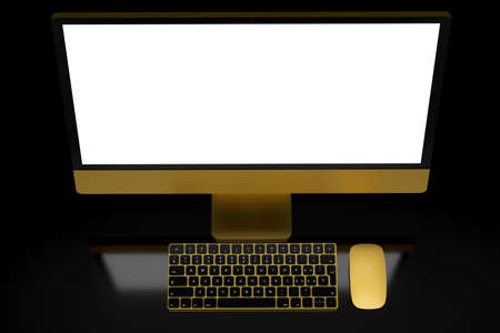 Realistic yellow computer screen display with keyboard and mouse isolated on black background. 3D...