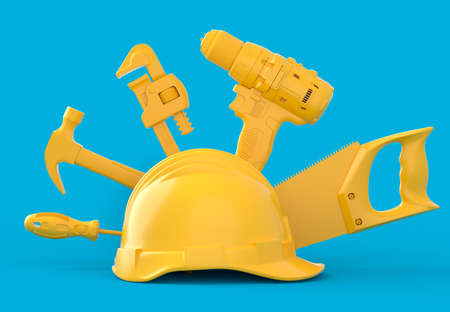 Isometric view of monochrome construction tools for repair on blue and yellowの写真素材
