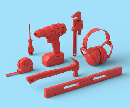 Isometric view of monochrome construction tools for repair on blue and red