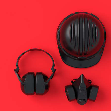 Top view of monochrome construction tools for repair on red and black