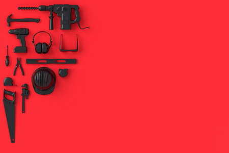 Top view of monochrome construction tools for repair and installation on red and black background. 3d rendering and illustration of service banner for house plumber or repairmanの写真素材