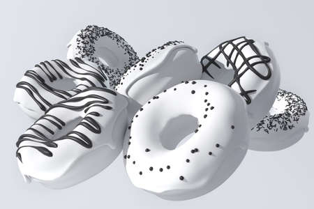 Set of flying monochrome donuts with black sprinkles on white background. 3d render mockup of pastry and confectionery or bakery cateringの写真素材