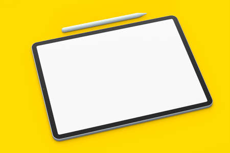 Computer tablet with pencil isolated on yellow background. 3D rendering concept of creative designer...
