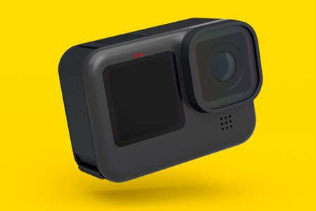 Photo and video lightweight action camera with display on yellow background. 3D rendering of...