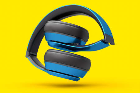 Professional gaming headphones isolated on yellow background. 3D rendering of over-ear headphones...