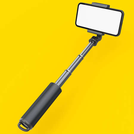 Realistic smartphone with blank white screen and selfie stick isolated on yellow background. 3D...