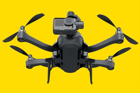 Flying photo and video drone or quadcopter with action camera isolated on yellow background. 3D...